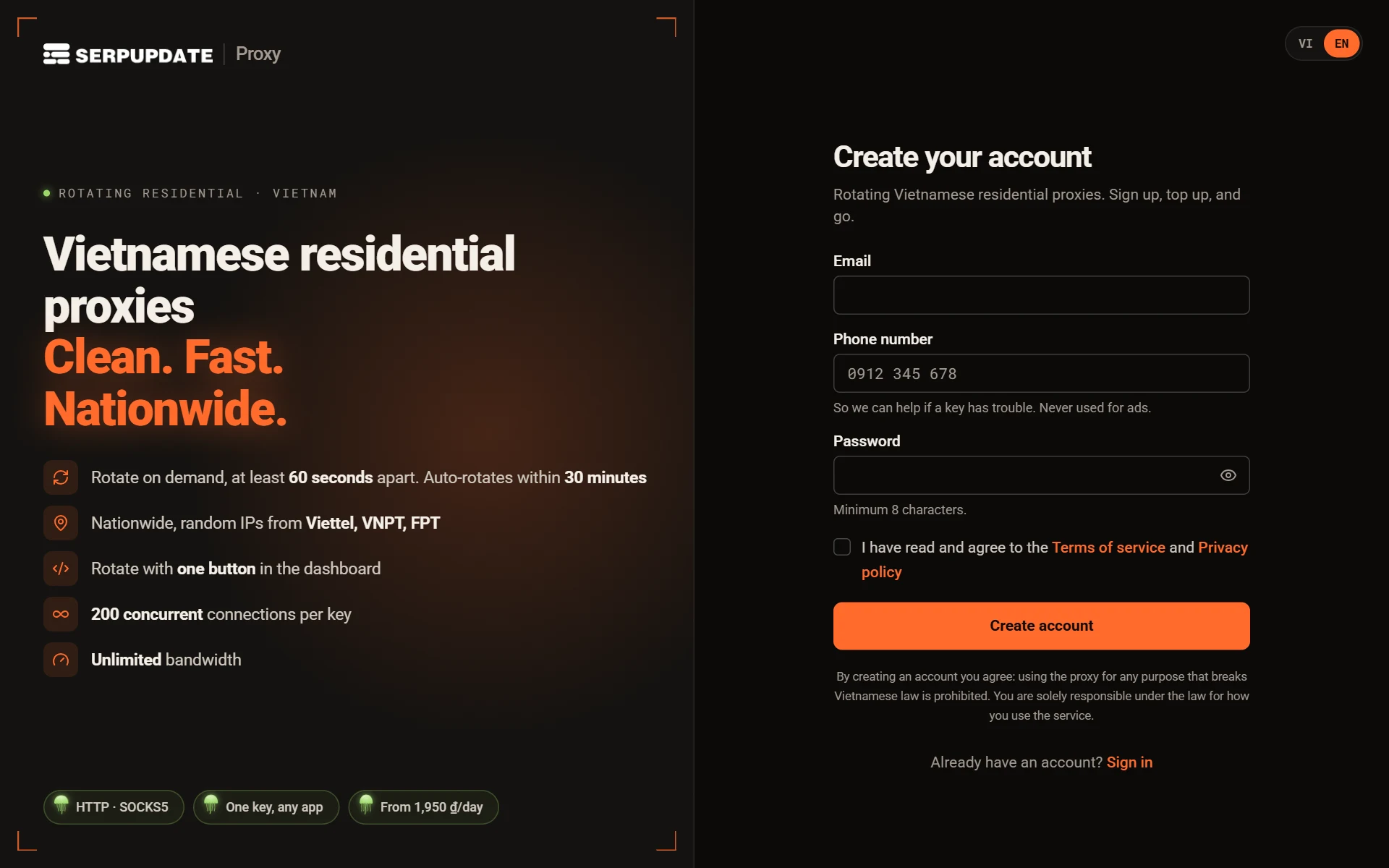 Create an account page with email, phone number and password fields and the terms checkbox