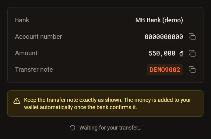 Transfer details: bank, account number, amount and transfer note, each with a copy button