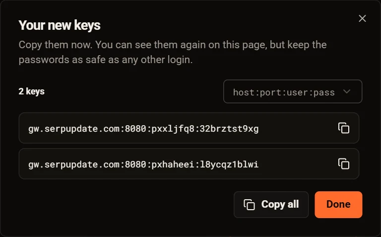 Your new keys dialog with a format picker, the key list, a copy button per key and Copy all