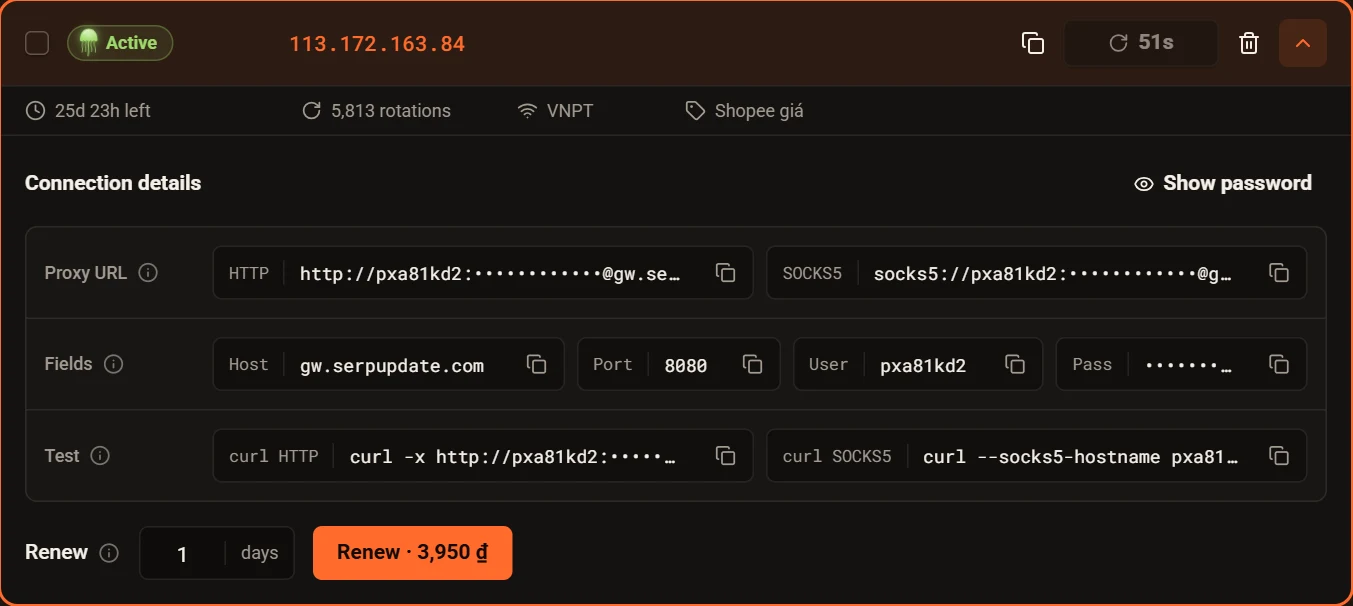 An open key card with its status, current IP, HTTP and SOCKS5 proxy URLs, host, port, user and pass fields, curl commands and the renew box
