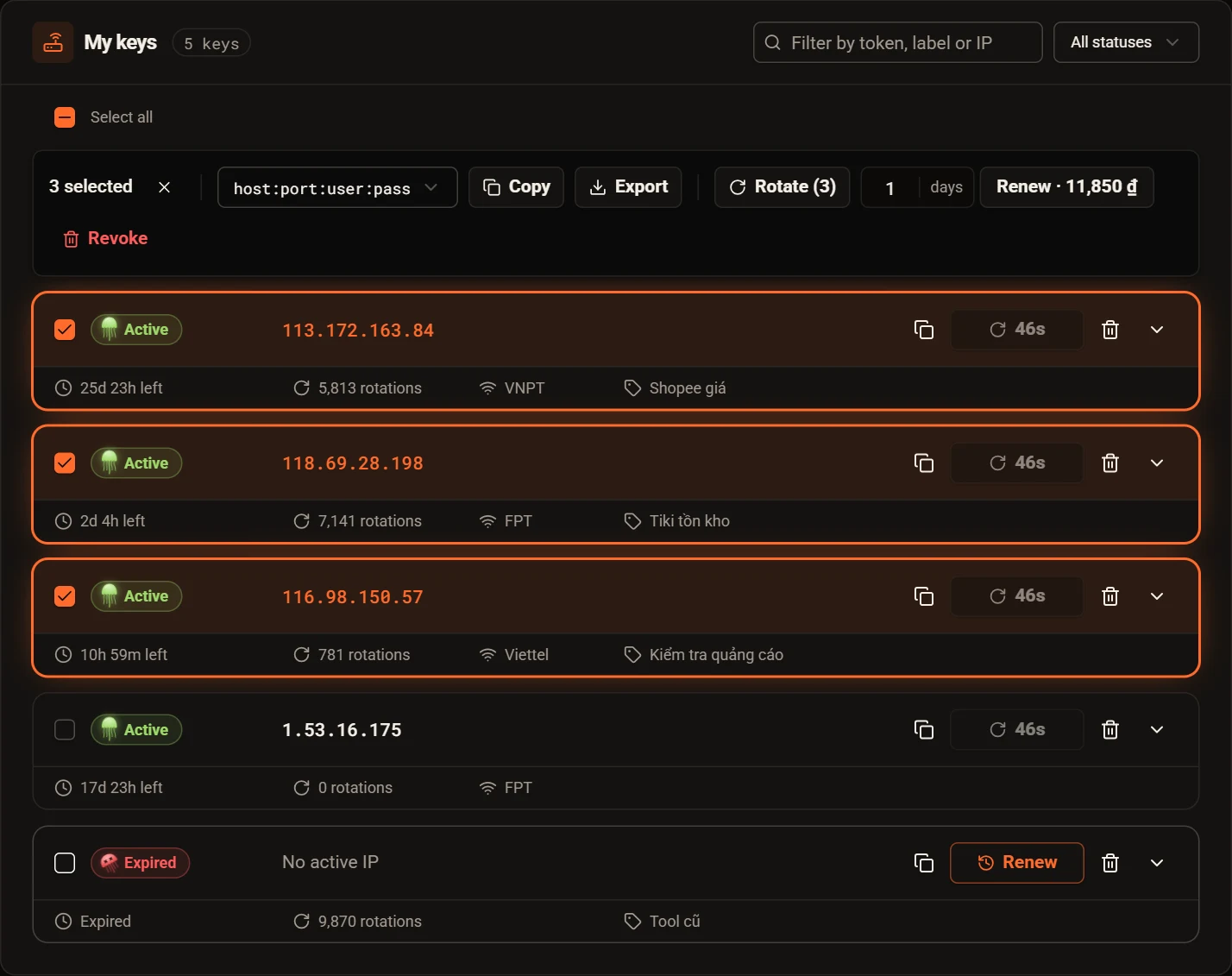 My keys list with three keys selected and the action bar: format, Copy, Export, Rotate IP, Renew and Revoke