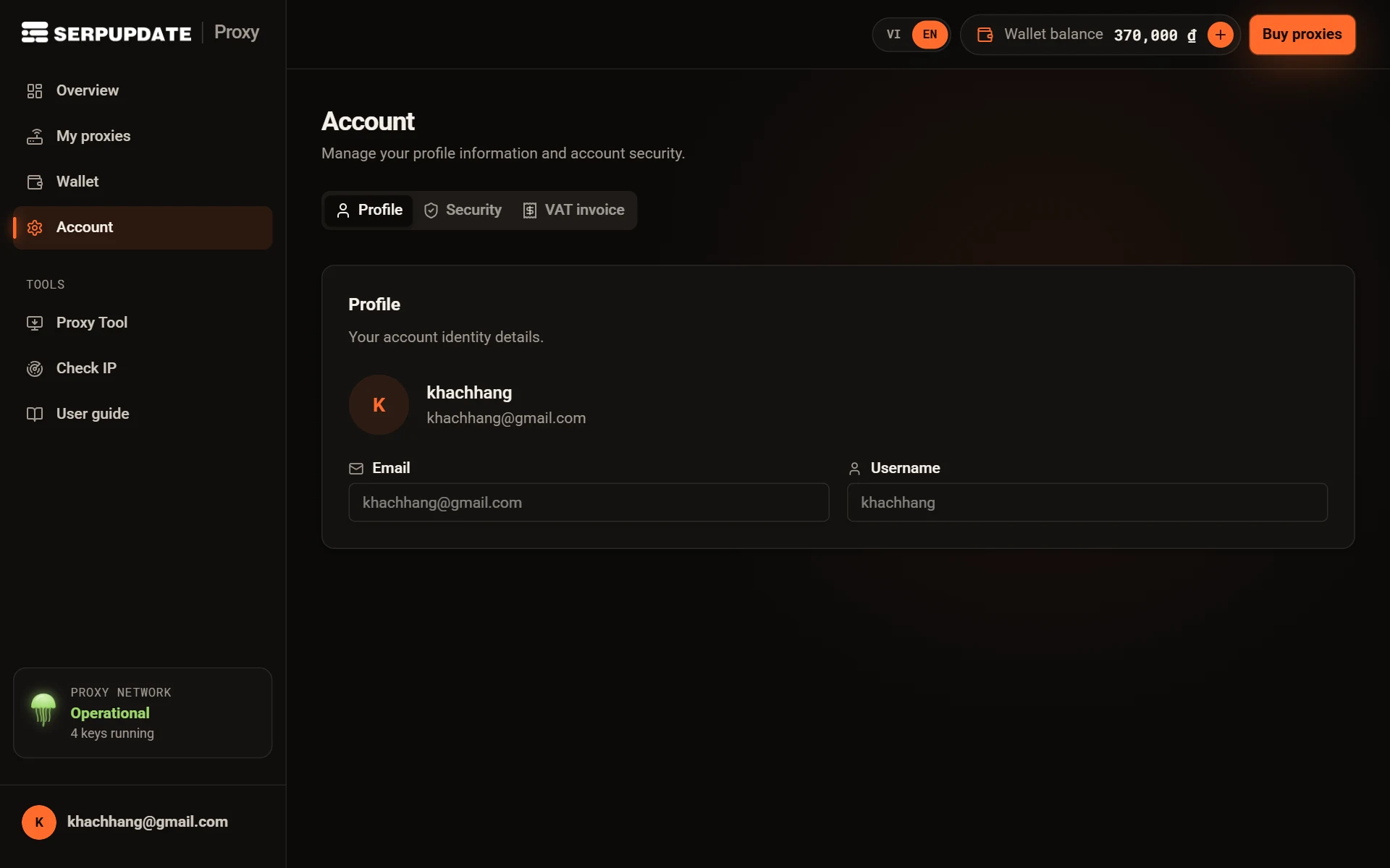 Account page with the Profile, Security and VAT invoice tabs