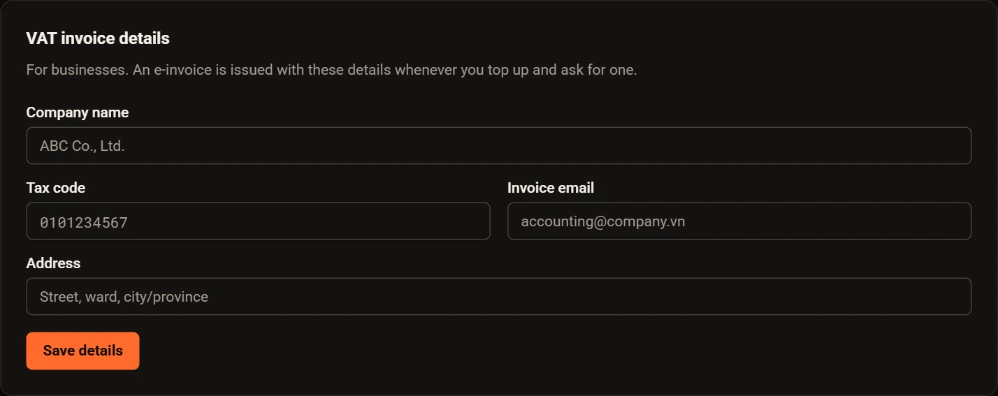 VAT invoice details form with company name, tax code, invoice email and address