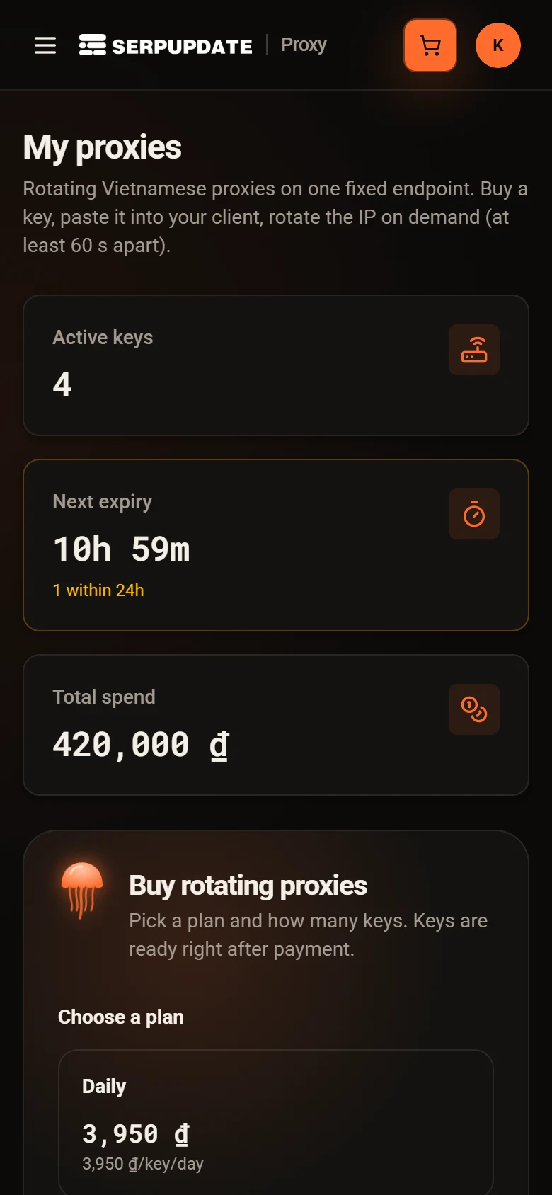 My proxies page on a phone